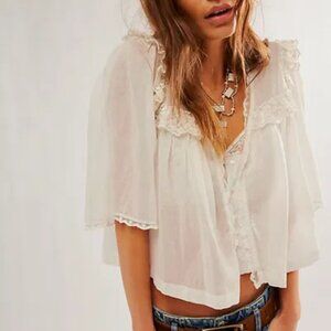Free People Luna Top Mesh Lace Embroidered Ruffle Button Shirt XL